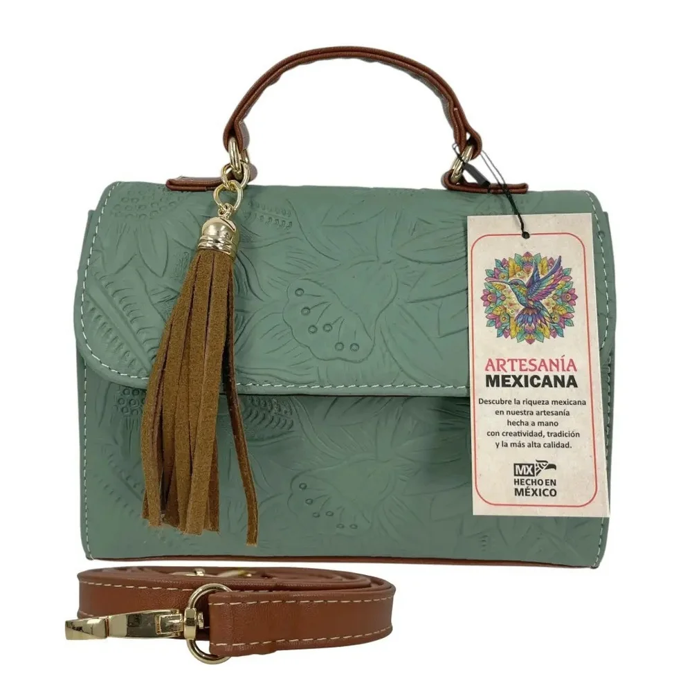 Sage Green Sunflower Embossed Tooled Artisan LEATHER Crossbody Handbag Purse
